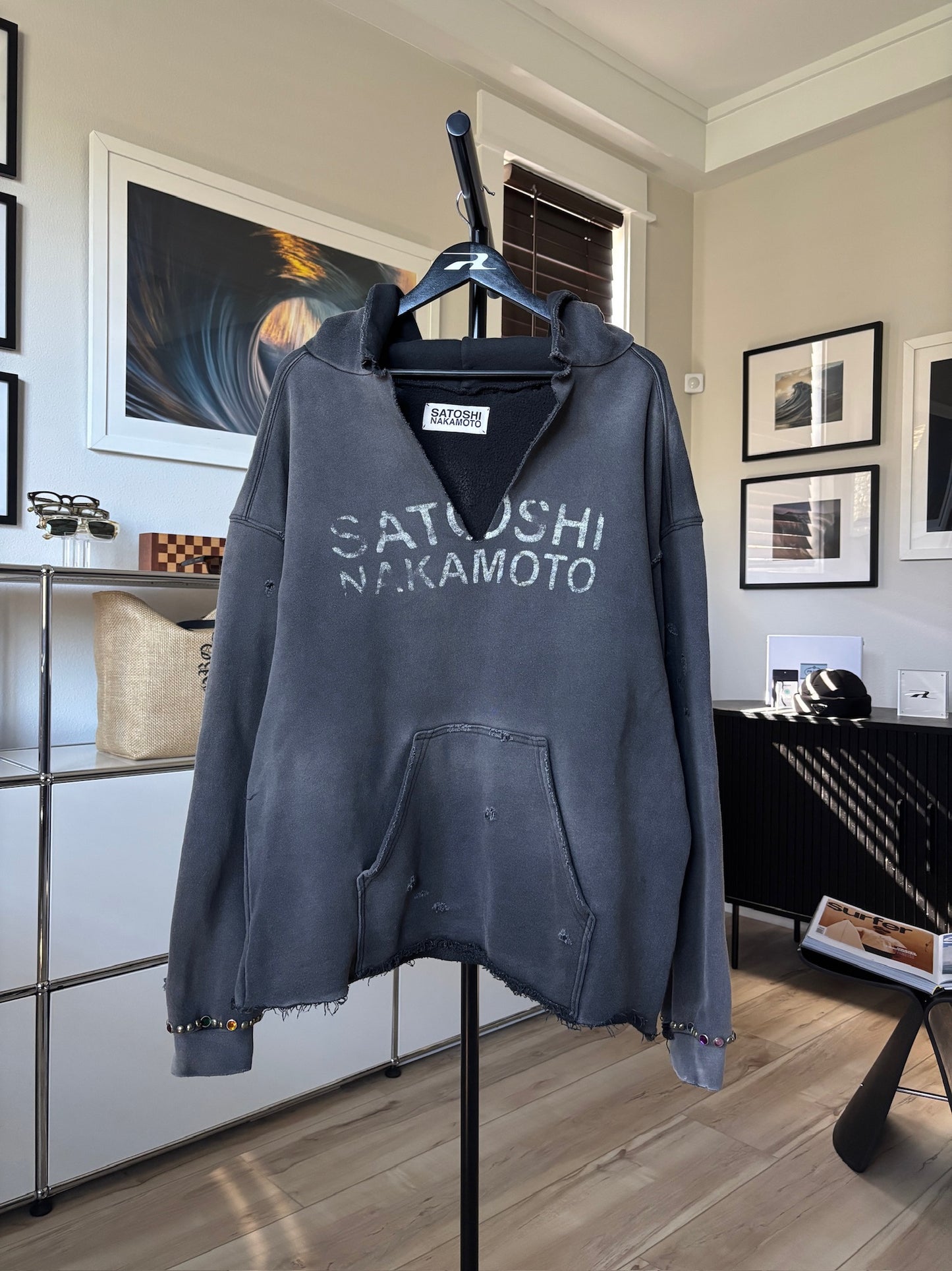 Receipt Distressed V Neck Jewel Stone Logo Hoodie