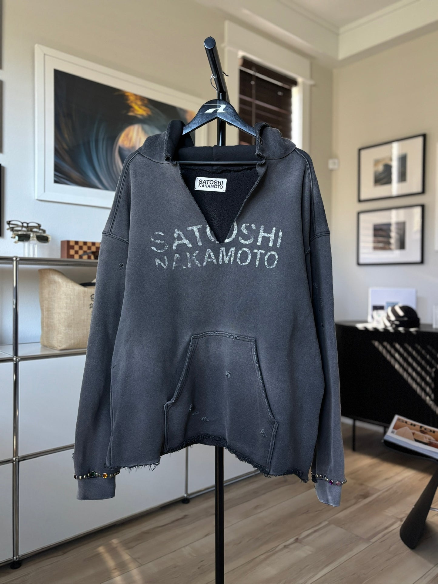 Receipt Distressed V Neck Jewel Stone Logo Hoodie