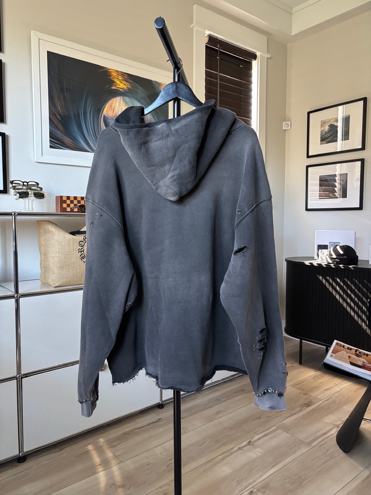 Receipt Distressed V Neck Jewel Stone Logo Hoodie