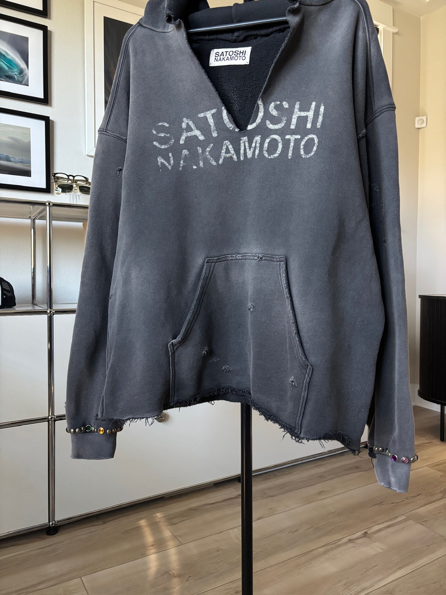 Receipt Distressed V Neck Jewel Stone Logo Hoodie