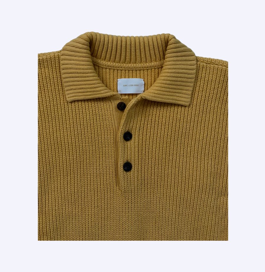 Up close tags of yellow Aime Knitted Sweater Button Polo