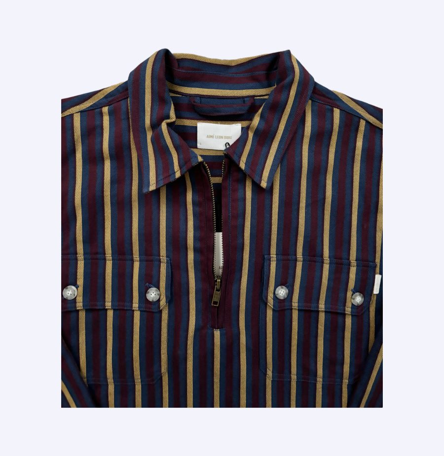 Up close tags of striped quarter-zip work shirt polo by Aime