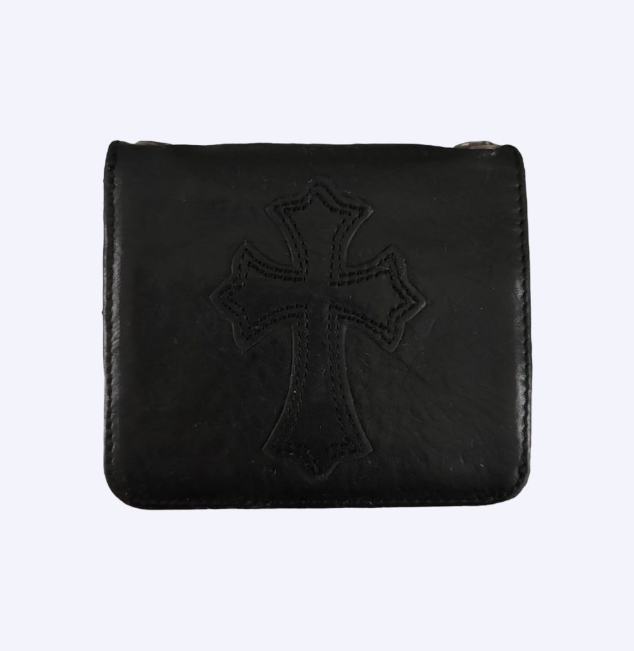 Rear of black/purple custom chrome hearts leather bifold wallet