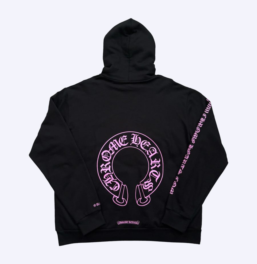 Rear of exclusive Black & Pink Chrome Hearts Horsehsoe hoodie