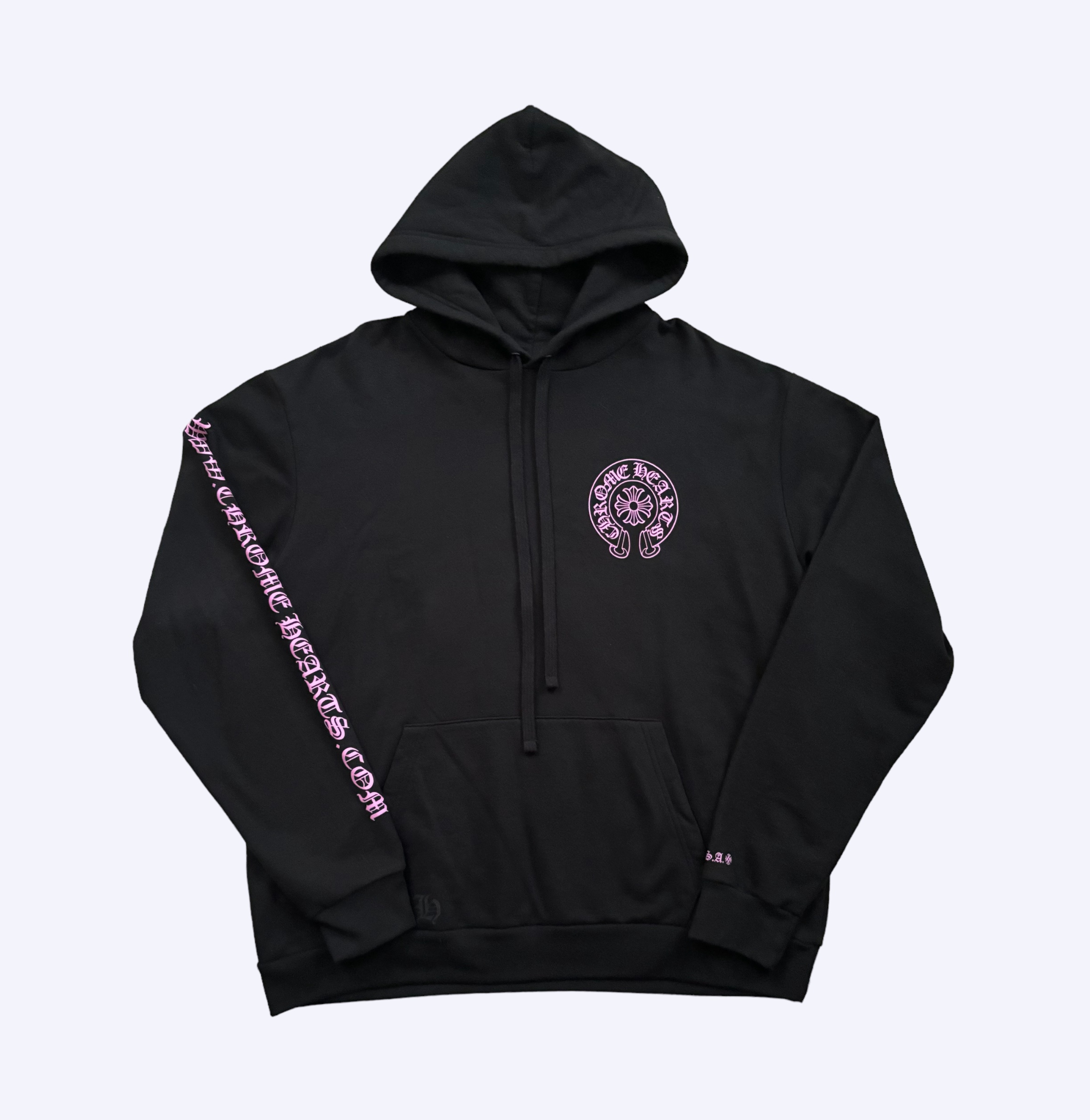 Front of exclusive black and pink chrome hearts horseshoe hoodie