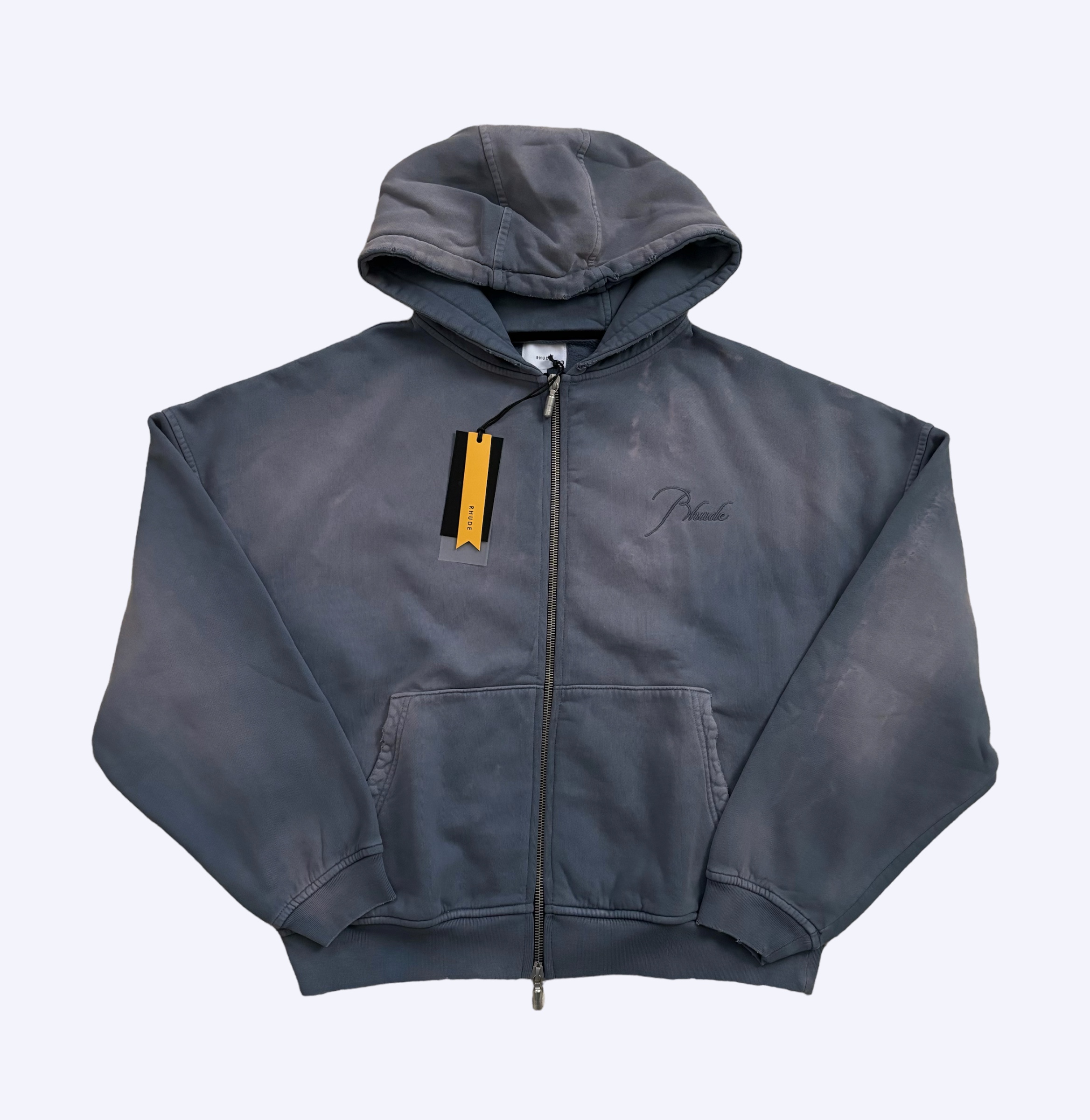 Rhude sun faded bleached script logo zip hoodie in washed grey