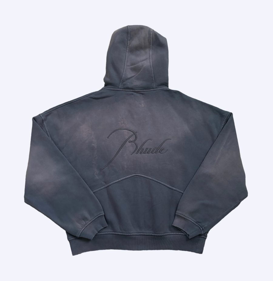 rear of Rhude sun faded bleached script logo zip hoodie in washed grey