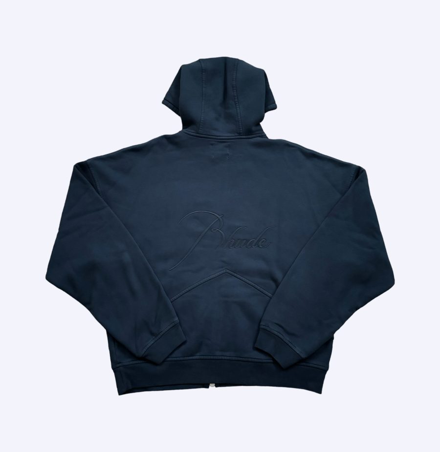 rear of rhude washed blue embroiderd thick script logo zip hoodie