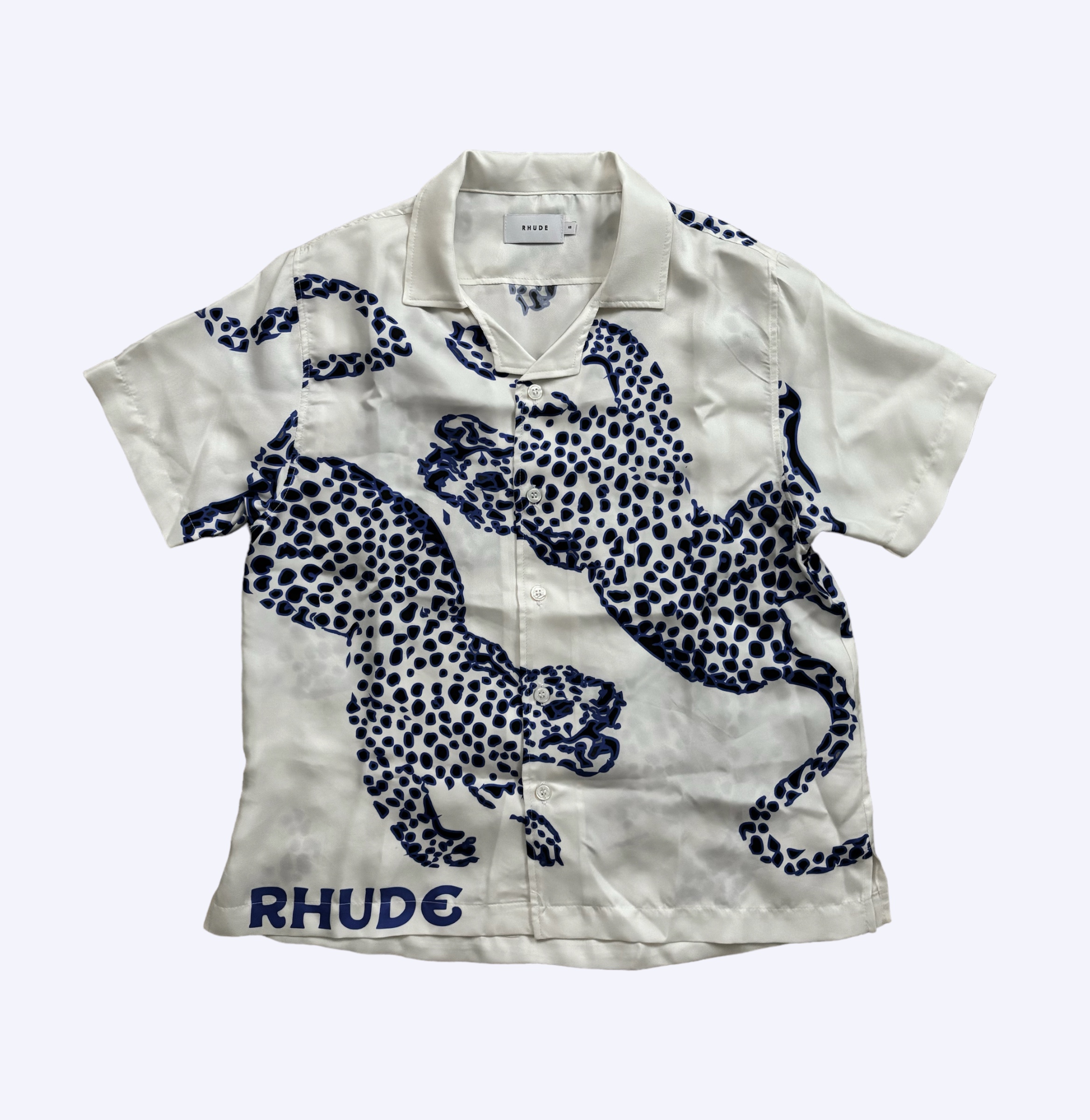 front of Rhude Silk Blue Tiger Button Up Rear