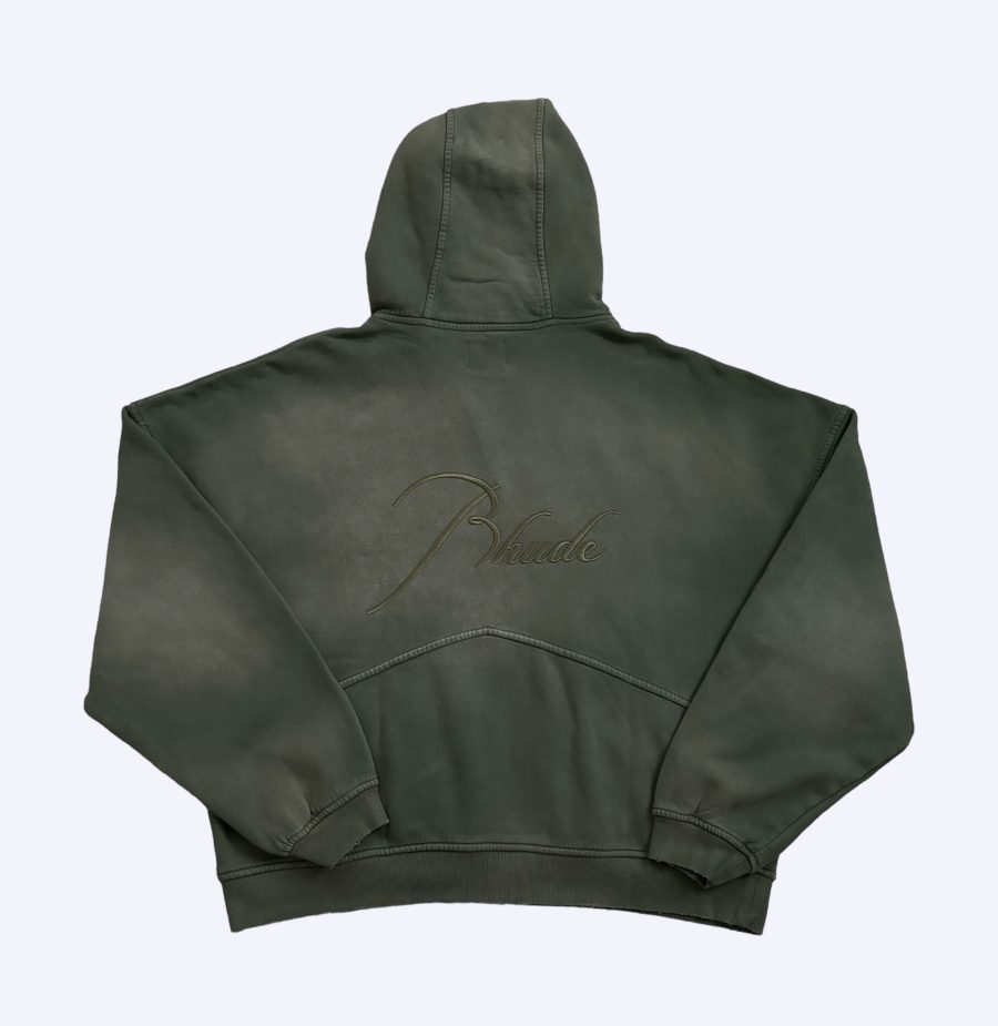 rear of Rhude sun faded bleached script logo zip hoodie in washed green