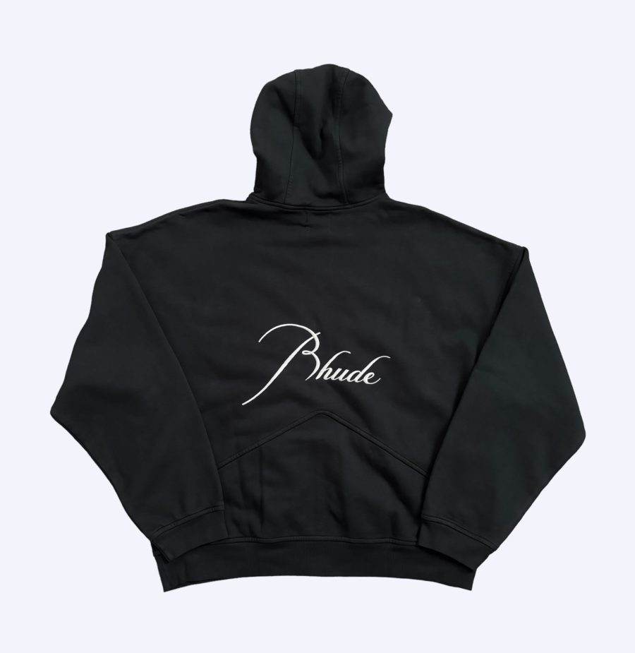 back of black Rhude sun faded bleached script logo zip hoodie