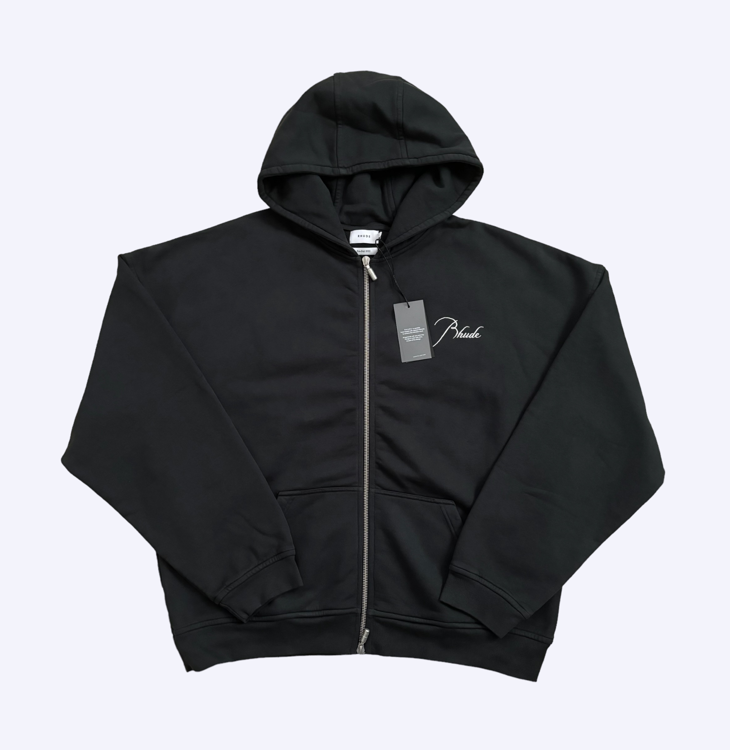 front of black Rhude sun faded bleached script logo zip hoodie