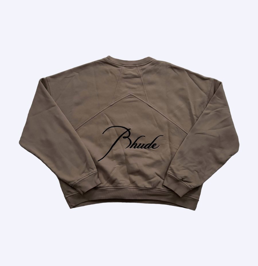 Rear of rhude taupe embroiderd thick script logo crewneck