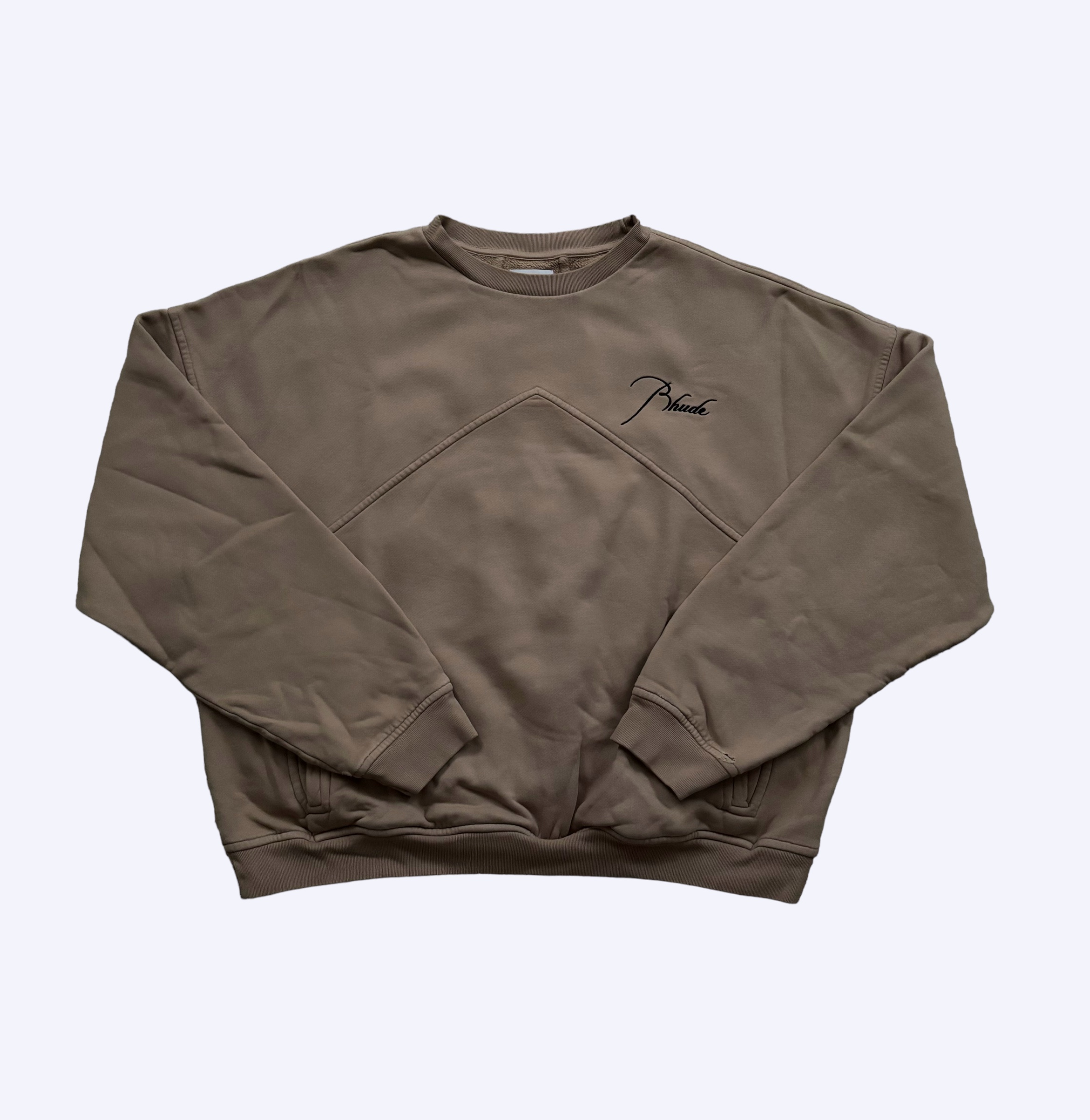 front of rhude taupe embroiderd thick script logo crewneck