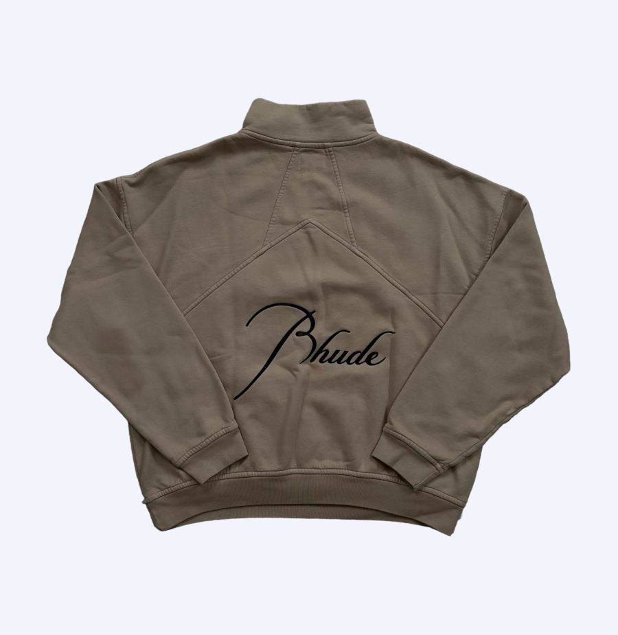 Rear of Rhude Taupe Thick Script Embroidered Logo Pill Quarter zip