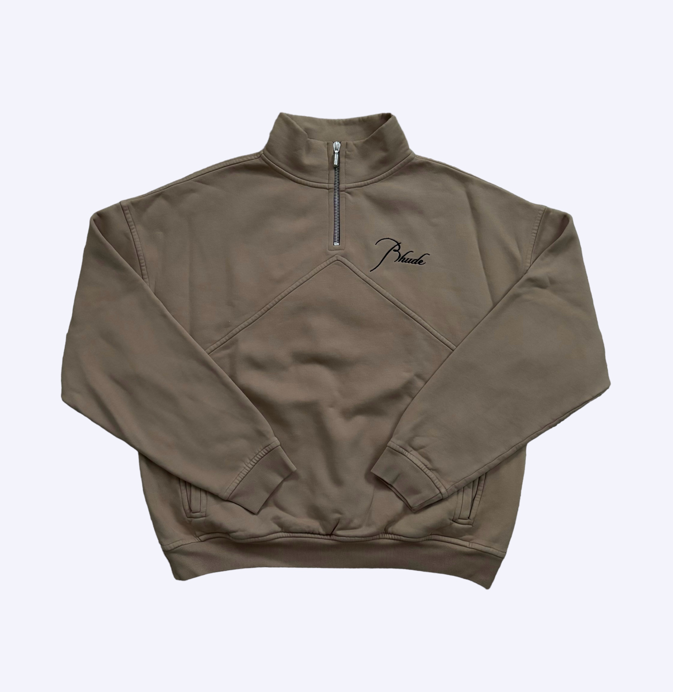 Taupe Rhude Thick script embroidered pill logo quarter zip